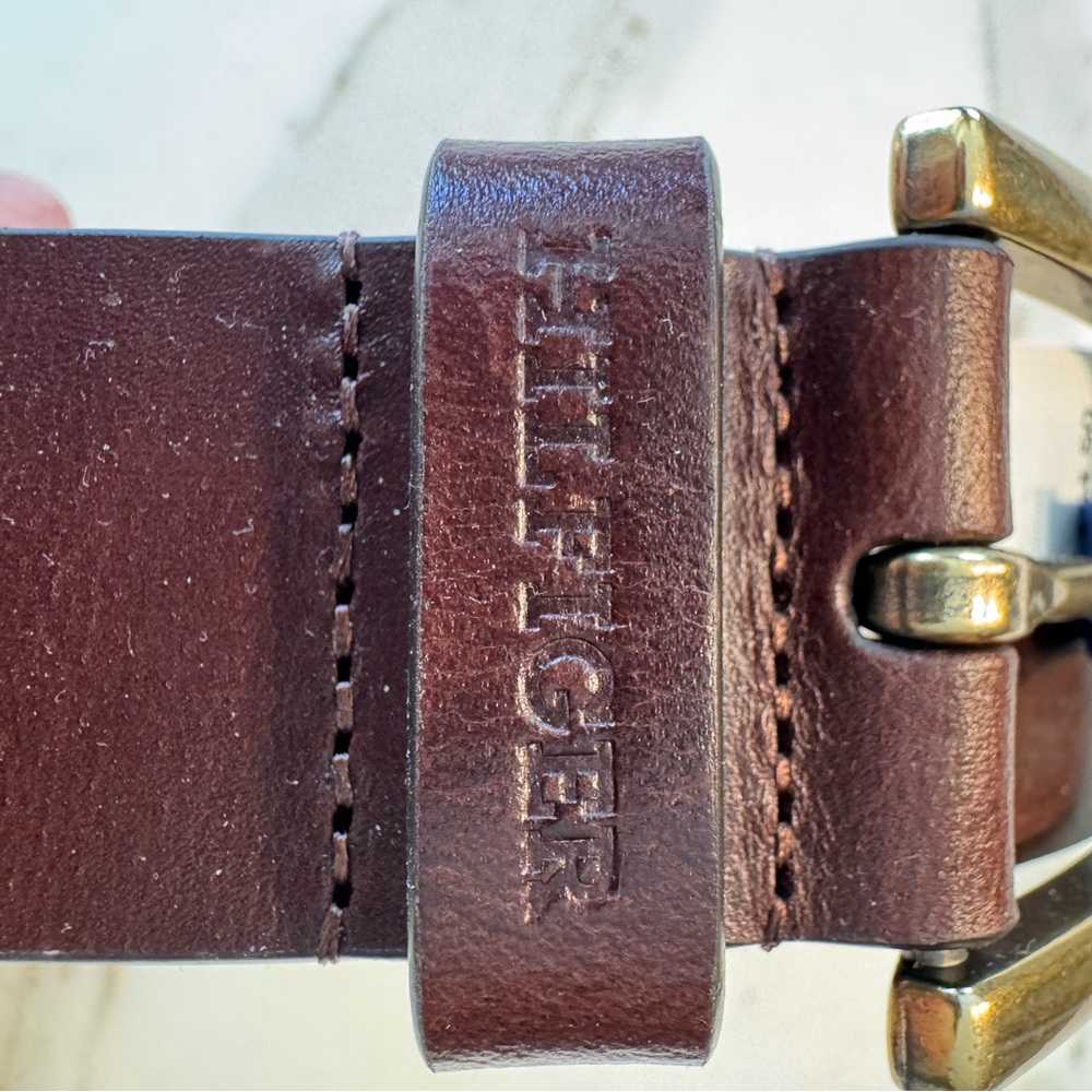 Tommy Hilfiger Dark Brown Leather Logo Belt with Brass Buckle